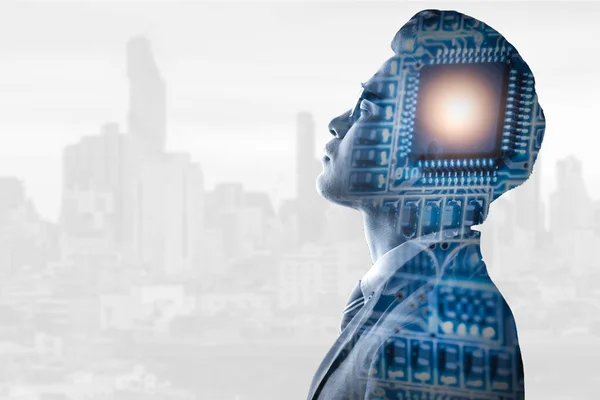 Person with digital circuitry overlay standing before a city skyline, representing technology, influence, and spiritual discernment.