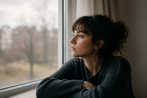 the person quietly looking out the window.